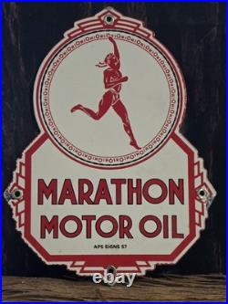 VINTAGE MARATHON MOTOR OIL PORCELAIN SIGN 10x8.5