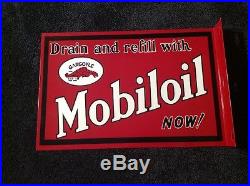 VINTAGE MOBIL MOBILOIL 18 x 12 DOUBLE SIDED PORCELAIN GASOLINE OIL FLANGE SIGN