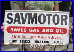 VINTAGE ORIGINAL 1940's 50's SAVMOTOR SIGN SAVES GAS AND OIL RACK DISPLAY SIGN