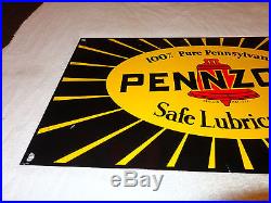 VINTAGE PENNZOIL SAFE LUBRICATION 27 x 15 PORCELAIN GAS & OIL SIGN! PUMP PLATE