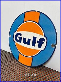 VINTAGE PORCELAIN SIGN GULF OIL Authorized Dealer Gas Pump Famous Gulf Colors