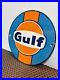 VINTAGE PORCELAIN SIGN GULF OIL Authorized Dealer Gas Pump Famous Gulf Colors