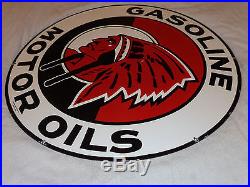 Vintage Rare Red Indian Gasoline & Motor Oil 30 Porcelain Gas Sign +makers Mark