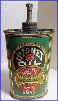 Vintage Rare Signet Unexcelled Oil Tin Can Handy Oiler Lead Top (full / Unused)