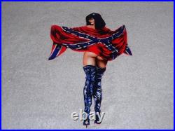 VINTAGE REBEL GASOLINE WOMAN With FLAG +BLACK BOOTS 12 METAL OIL ADVERTISING SIGN