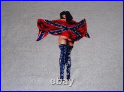 VINTAGE REBEL GASOLINE WOMAN With FLAG +BLACK BOOTS 12 METAL OIL ADVERTISING SIGN