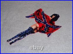 VINTAGE REBEL GASOLINE WOMAN With FLAG +BLACK BOOTS 12 METAL OIL ADVERTISING SIGN