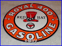 Vintage Red Hat Gasoline & Independent Royal 400 Oil 11 3/4 Porcelain Gas Sign