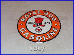 Vintage Red Hat Gasoline & Independent Royal 400 Oil 11 3/4 Porcelain Gas Sign