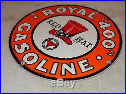 Vintage Red Hat Gasoline & Independent Royal 400 Oil 11 3/4 Porcelain Gas Sign