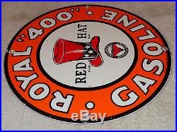 Vintage Red Hat Gasoline & Independent Royal 400 Oil 11 3/4 Porcelain Gas Sign