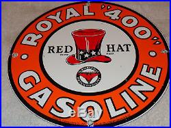 Vintage Red Hat Gasoline & Independent Royal 400 Oil 11 3/4 Porcelain Gas Sign