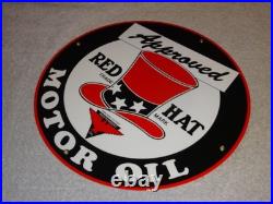 VINTAGE RED HAT GASOLINE With? EAGLE 11 3/4 PORCELAIN METAL INDEPENDENT OIL SIGN