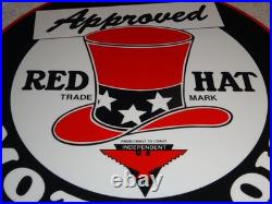 VINTAGE RED HAT GASOLINE With? EAGLE 11 3/4 PORCELAIN METAL INDEPENDENT OIL SIGN VINTAGE RED HAT GASOLINE With? EAGLE 11 3/4 PORCELAIN METAL INDEPENDENT OIL SIGN