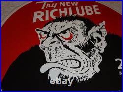 VINTAGE RICHLUBE MONKEY 25 c QUART APE 11 3/4 PORCELAIN METAL GASOLINE OIL SIGN