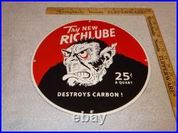 VINTAGE RICHLUBE MONKEY 25 c QUART APE 11 3/4 PORCELAIN METAL GASOLINE OIL SIGN