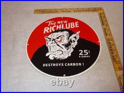 VINTAGE RICHLUBE MONKEY 25 c QUART APE 11 3/4 PORCELAIN METAL GASOLINE OIL SIGN