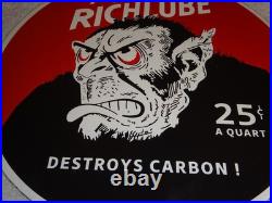 VINTAGE RICHLUBE MONKEY 25 c QUART APE 11 3/4 PORCELAIN METAL GASOLINE OIL SIGN