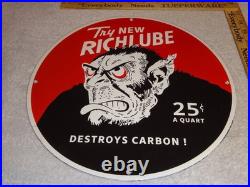 VINTAGE RICHLUBE MONKEY 25 c QUART APE 11 3/4 PORCELAIN METAL GASOLINE OIL SIGN