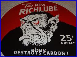 VINTAGE RICHLUBE MONKEY 25 c QUART APE 11 3/4 PORCELAIN METAL GASOLINE OIL SIGN