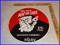 VINTAGE RICHLUBE MONKEY 25 c QUART APE 11 3/4 PORCELAIN METAL GASOLINE OIL SIGN