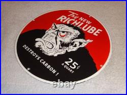 VINTAGE RICHLUBE MONKEY 25 c QUART APE 11 3/4 PORCELAIN METAL GASOLINE OIL SIGN
