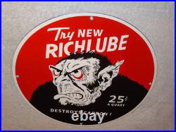VINTAGE RICHLUBE MONKEY 25 c QUART APE 11 3/4 PORCELAIN METAL GASOLINE OIL SIGN