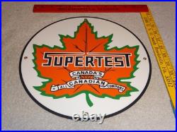 VINTAGE SUPERTEST GASOLINE With MAPLE LEAF 11 3/4 PORCELAIN METAL CANADA OIL SIGN