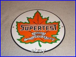 VINTAGE SUPERTEST GASOLINE With MAPLE LEAF 11 3/4 PORCELAIN METAL CANADA OIL SIGN