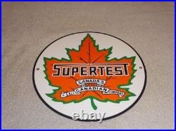 VINTAGE SUPERTEST GASOLINE With MAPLE LEAF 11 3/4 PORCELAIN METAL CANADA OIL SIGN