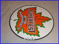 VINTAGE SUPERTEST GASOLINE With MAPLE LEAF 11 3/4 PORCELAIN METAL CANADA OIL SIGN VINTAGE SUPERTEST GASOLINE With MAPLE LEAF 11 3/4 PORCELAIN METAL CANADA OIL SIGN