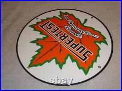 VINTAGE SUPERTEST GASOLINE With MAPLE LEAF 11 3/4 PORCELAIN METAL CANADA OIL SIGN