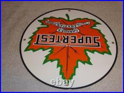 VINTAGE SUPERTEST GASOLINE With MAPLE LEAF 11 3/4 PORCELAIN METAL CANADA OIL SIGN