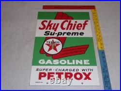VINTAGE TEXACO SKY CHIEF SUPREME GASOLINE With PETROX 18 PORCELAIN METAL OIL SIGN