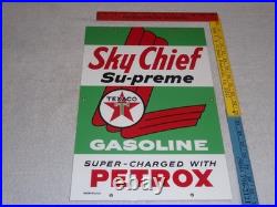 VINTAGE TEXACO SKY CHIEF SUPREME GASOLINE With PETROX 18 PORCELAIN METAL OIL SIGN