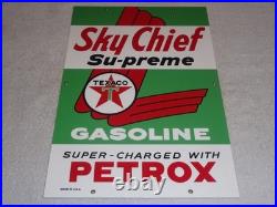 VINTAGE TEXACO SKY CHIEF SUPREME GASOLINE With PETROX 18 PORCELAIN METAL OIL SIGN