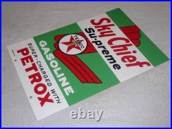 VINTAGE TEXACO SKY CHIEF SUPREME GASOLINE With PETROX 18 PORCELAIN METAL OIL SIGN