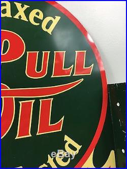 Very Rare! Vintage Oil Pull Double Sided Metal Flange Sign Porcelain Pump NR