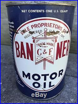 Vintage 1 Qt Baner Clarkson Ford Motor Oil Can Metal Quart Full