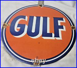 Vintage 11 3/4 Gulf Porcelain Sign Pump Plate Gas Station Oil Service Station