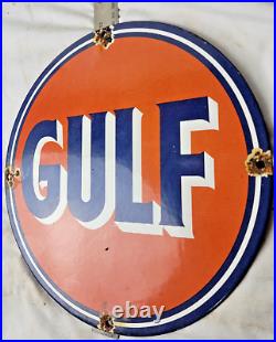 Vintage 11 3/4 Gulf Porcelain Sign Pump Plate Gas Station Oil Service Station