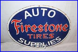 Vintage 1930's Firestone Tires Auto Supplies Gas Oil 24 Porcelain Metal Sign