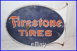 Vintage 1930's Firestone Tires Gas Oil 2 Sided 21 Porcelain Metal Flange Sign