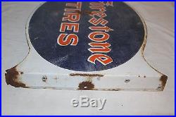 Vintage 1930's Firestone Tires Gas Oil 2 Sided 21 Porcelain Metal Flange Sign