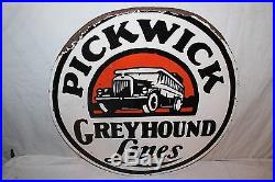 Vintage 1930's Pickwick Greyhound Bus Gas Oil 2 Sided 24 Porcelain Metal Sign