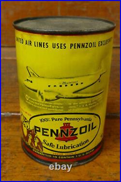 Vintage 1930s PENNZOIL United Airlines DC-3 Owl Airplane One Quart Motor Oil Can