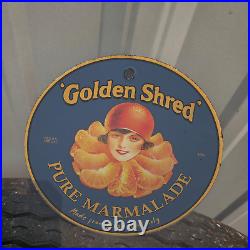 Vintage 1931 Golden Shred Pure Marmalade Porcelain Gas Oil 4.5 Sign