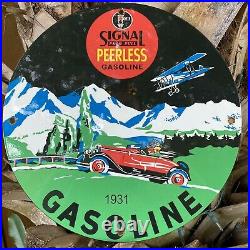 Vintage 1931 Signal Gasoline Porcelain Sign USA Peerless Gas Pump Plate Oil 12