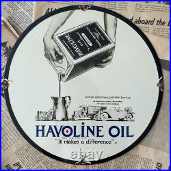 Vintage 1934 Havoline Oil Refining Company 12 Inch Porcelain Enamel Sign