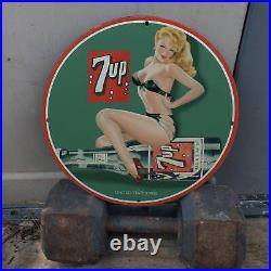 Vintage 1936 7UP Carbonated Soft Drink Beverage Porcelain Gas & Oil Pump Sign